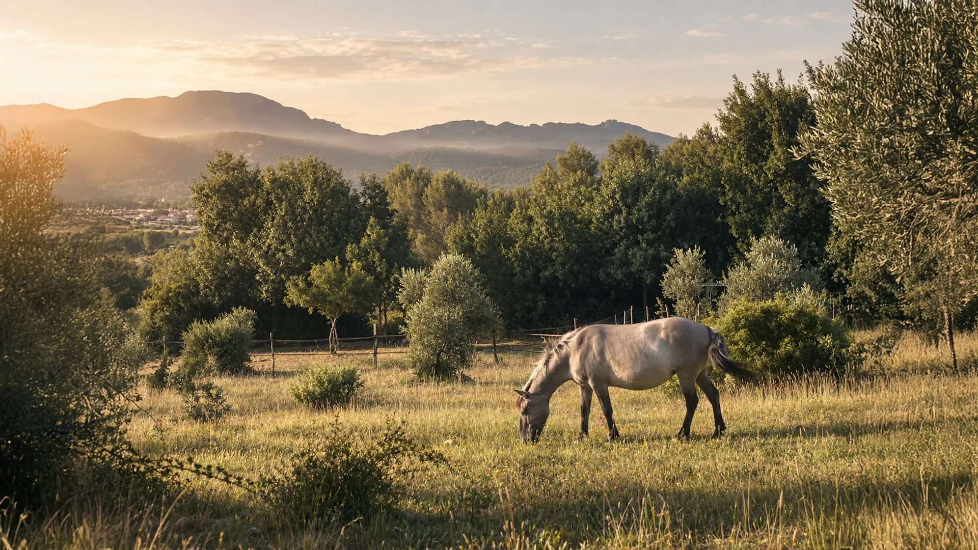 Cheval dans l’oliveraie du Domaine l’Astragale au soleil couchant