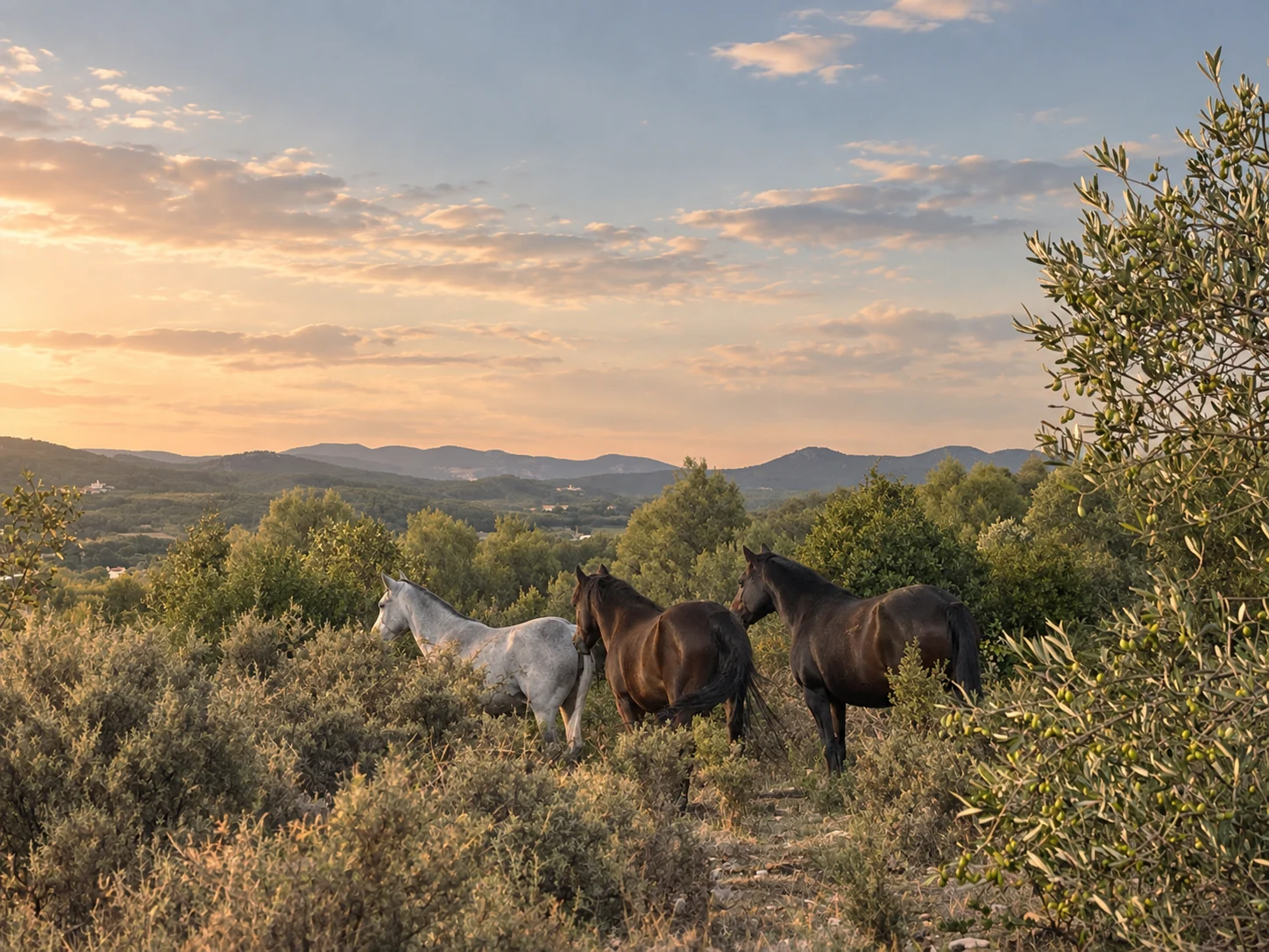 Les chevaux au milieu des oliviers